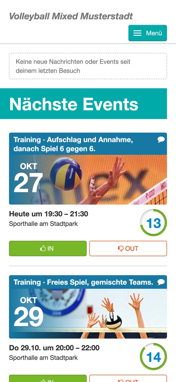 Die nächsten Events eines Teams in Kadermanager auf dem Handy, mit den Knöpfen IN und OUT
